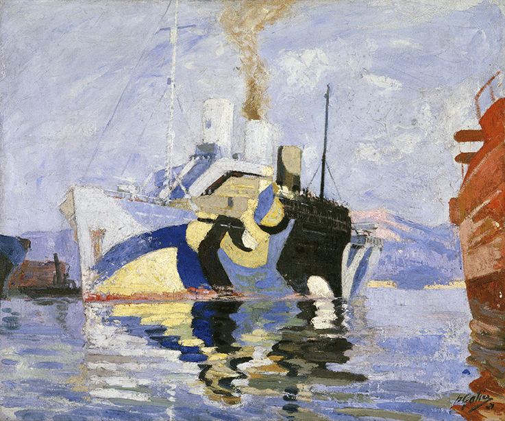 Bateau camouflé en rade de Toulon Pierre Gatier (1878-1944), après 1919. Huile sur toile © Musée national de la Marine / A. Fux
