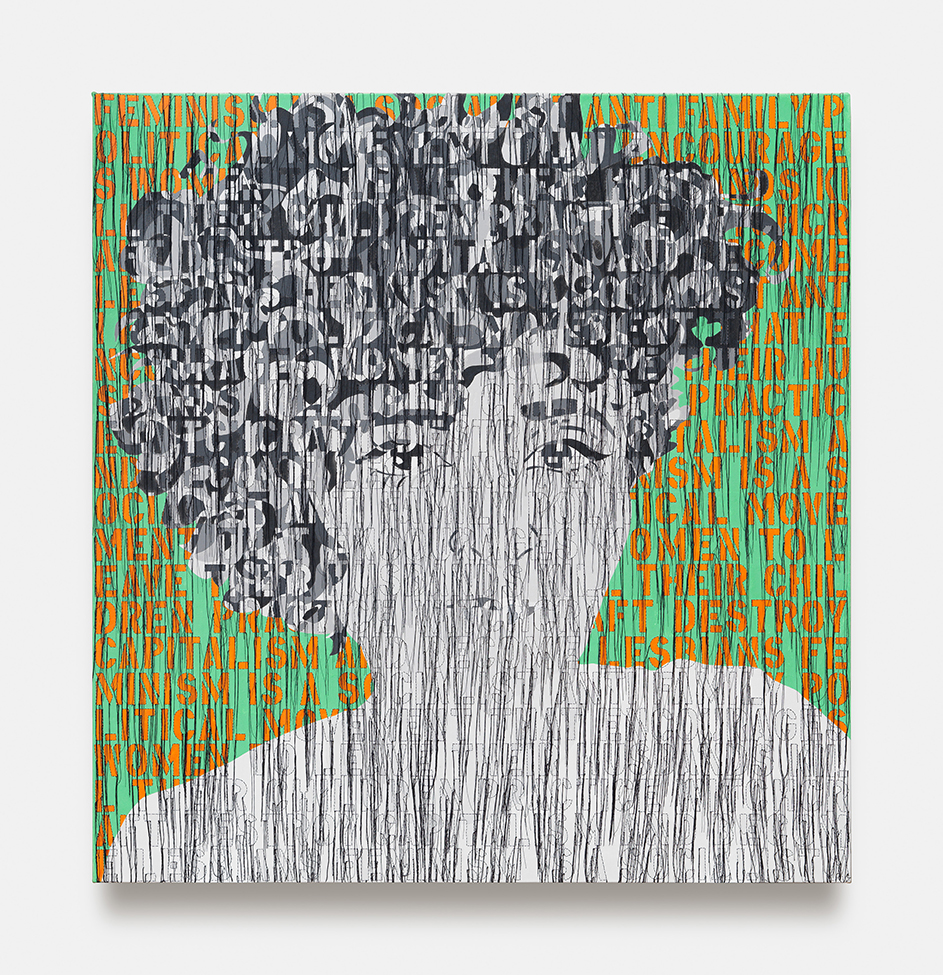 Ghada Amer, Self-Portrait In Black And White [autoportrait en noir et blanc], 2020. Peinture acrylique, broderie et gel médium sur toile. Avec l’aimable autorisation de l'artiste et de la galerie Kewenig, Berlin (Allemagne) © Ghada Amer, photo : Lepkowski Studios Berlin
