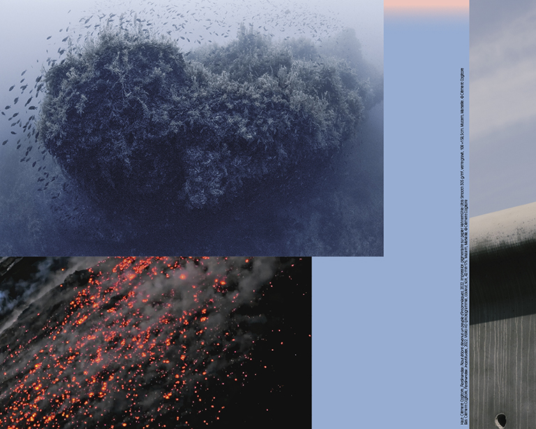 Haut: Clément Cogitore, Ferdinandea : Nous étions devenus un peuple d'insomniaques, 2022. Impression pigmentaire sur papier Hahnemühle Ultra Smooth 305 g/m², verre gravé, 108 × 158,5 cm. Mucem, Marseille. © Clément Cogitore
Bas: Clément Cogitore, Ferdinandea : Incertitudes, 2022. Vidéo HD (photogramme), couleur, son, 42 min 17 s. Mucem, Marseille. © Clément Cogitore