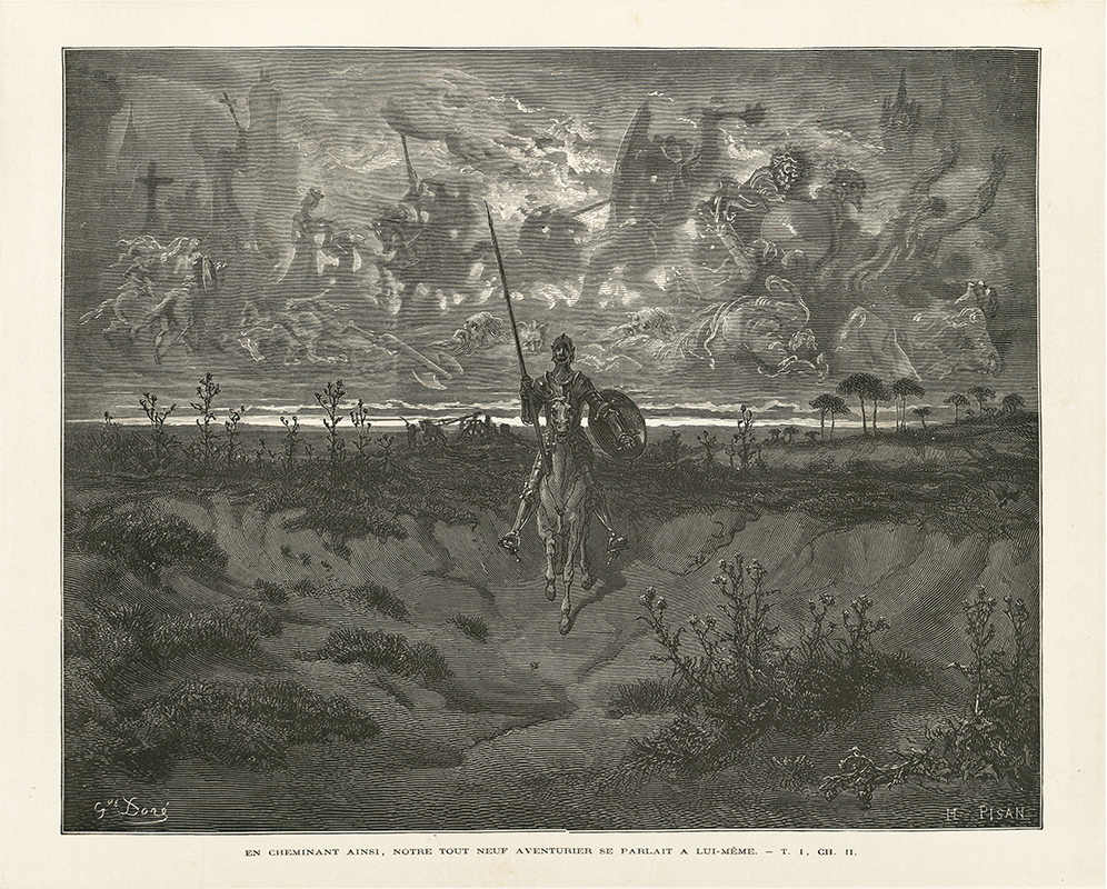 Gustave Doré, « En cheminant ainsi, notre tout neuf aventurier se parlait à lui-même », illustration hors texte publiée dans L’ingénieux hidalgo Don Quichotte de la Manche de Cervantes, tome I, traduction de Louis Viardot, Hachette, 1863 © Bibliothèque nationale de France