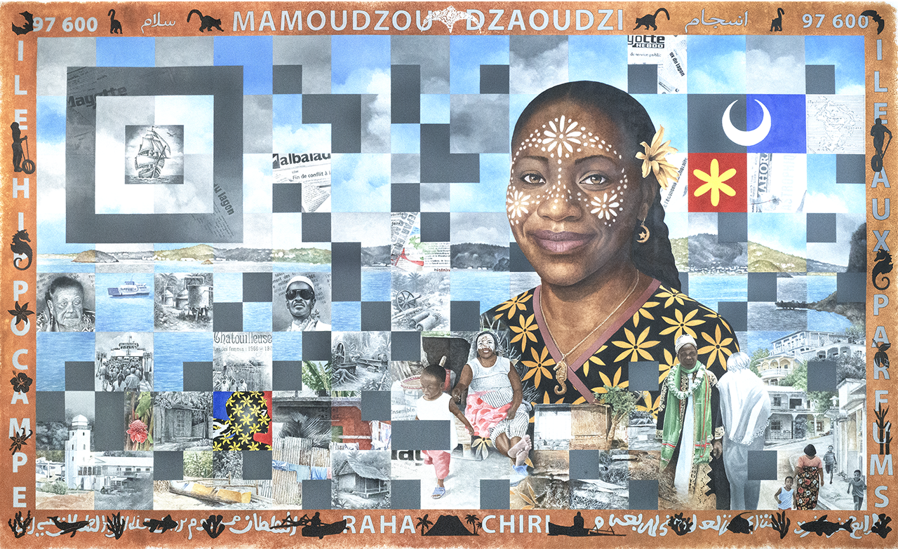 Didier Valhère, La rencontre des mondes, 2025. Acrylique sur toile, 300 X 180 cm, collection Musée de Mayotte © Didier Valhère – MuMA