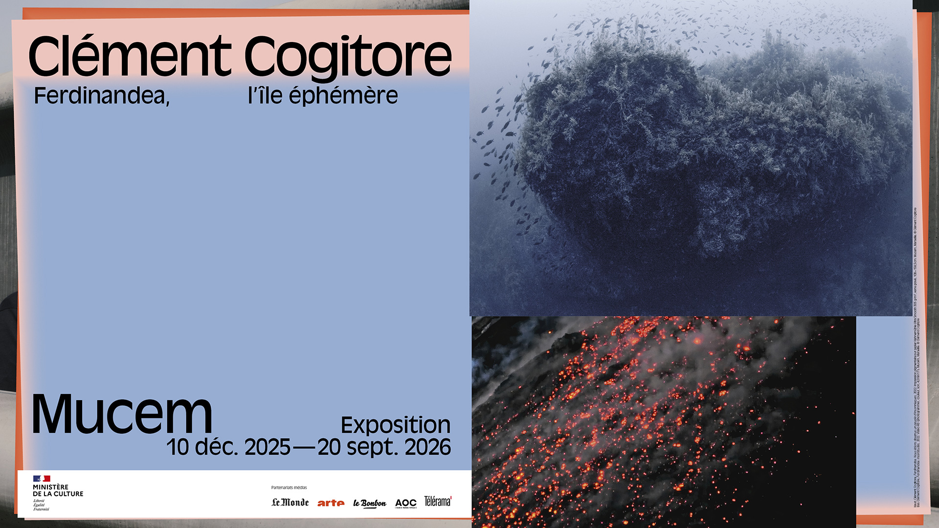 Haut: Clément Cogitore, Ferdinandea : Nous étions devenus un peuple d'insomniaques, 2022. Impression pigmentaire sur papier Hahnemühle Ultra Smooth 305 g/m², verre gravé, 108 × 158,5 cm. Mucem, Marseille. © Clément Cogitore Bas: Clément Cogitore, Ferdinandea : Incertitudes, 2022. Vidéo HD (photogramme), couleur, son, 42 min 17 s. Mucem, Marseille. © Clément Cogitore